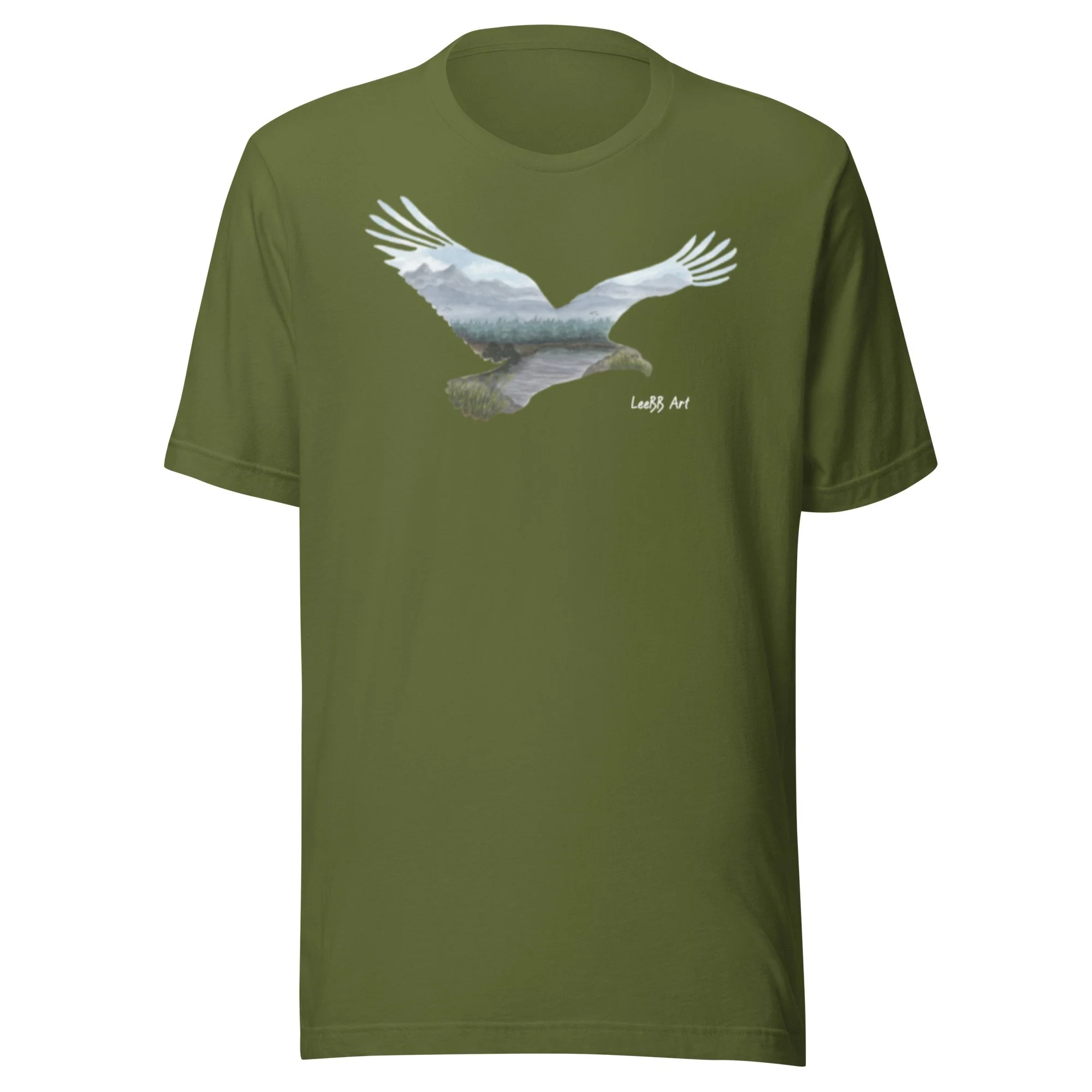 Wilderness Bald Eagle graphic unisex T-shirt by LeeBB Art in Olive.