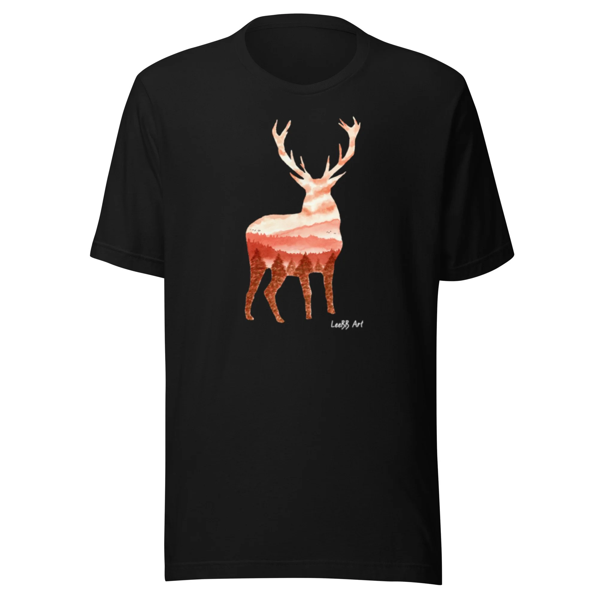 Wilderness Stag graphic unisex T-shirt by LeeBB Art in Black.