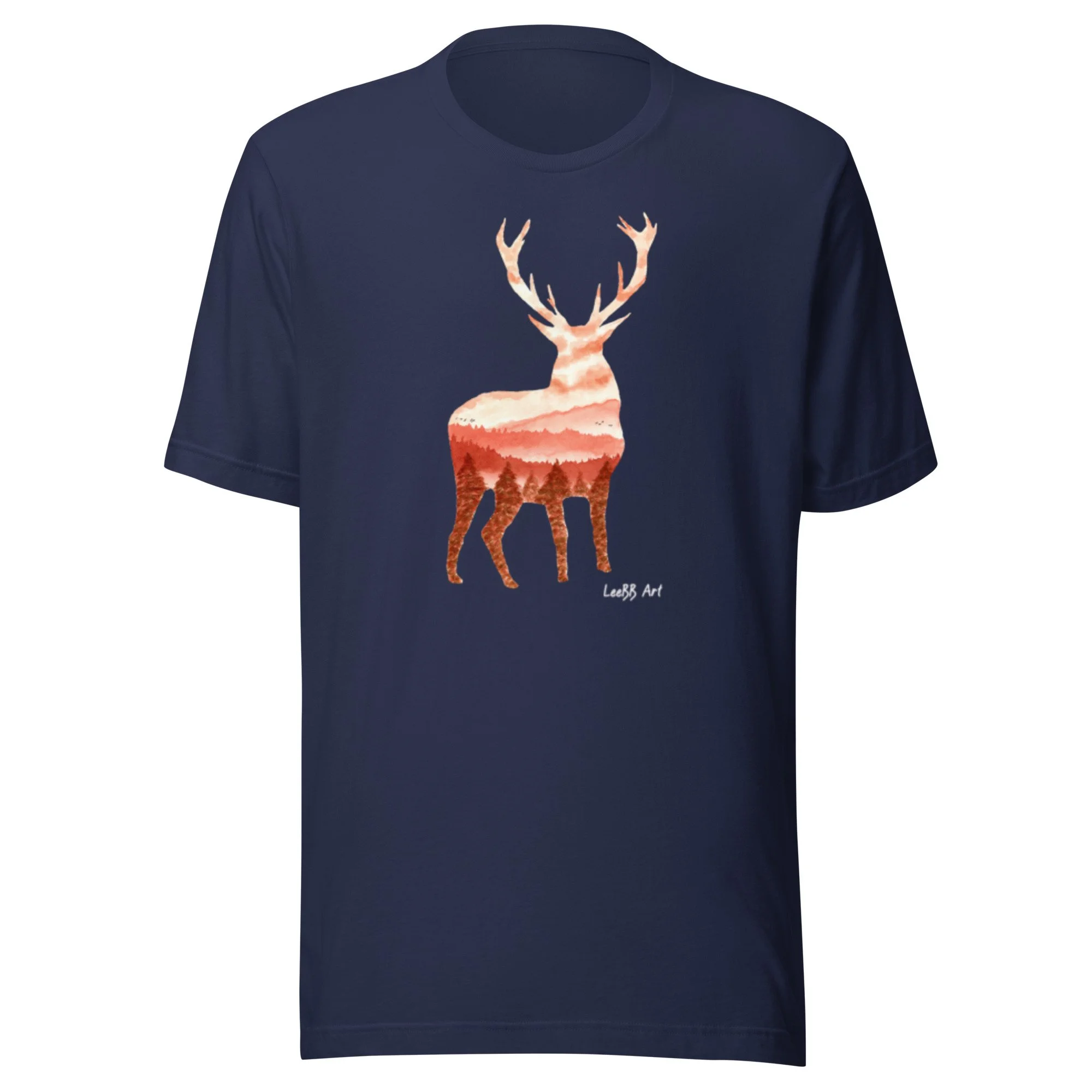 Wilderness Stag graphic unisex T-shirt by LeeBB Art in Navy.