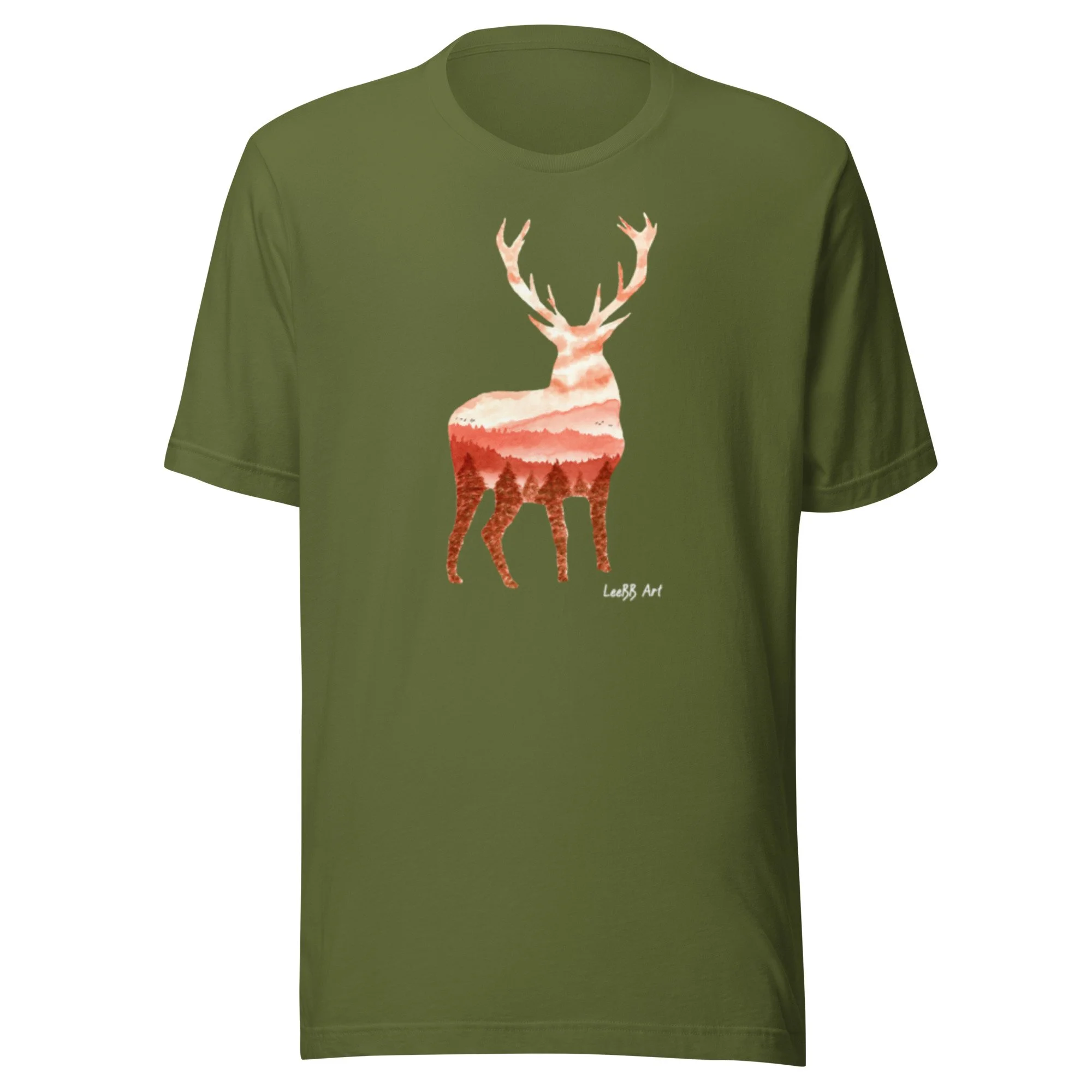 Wilderness Stag graphic unisex T-shirt by LeeBB Art in Olive.