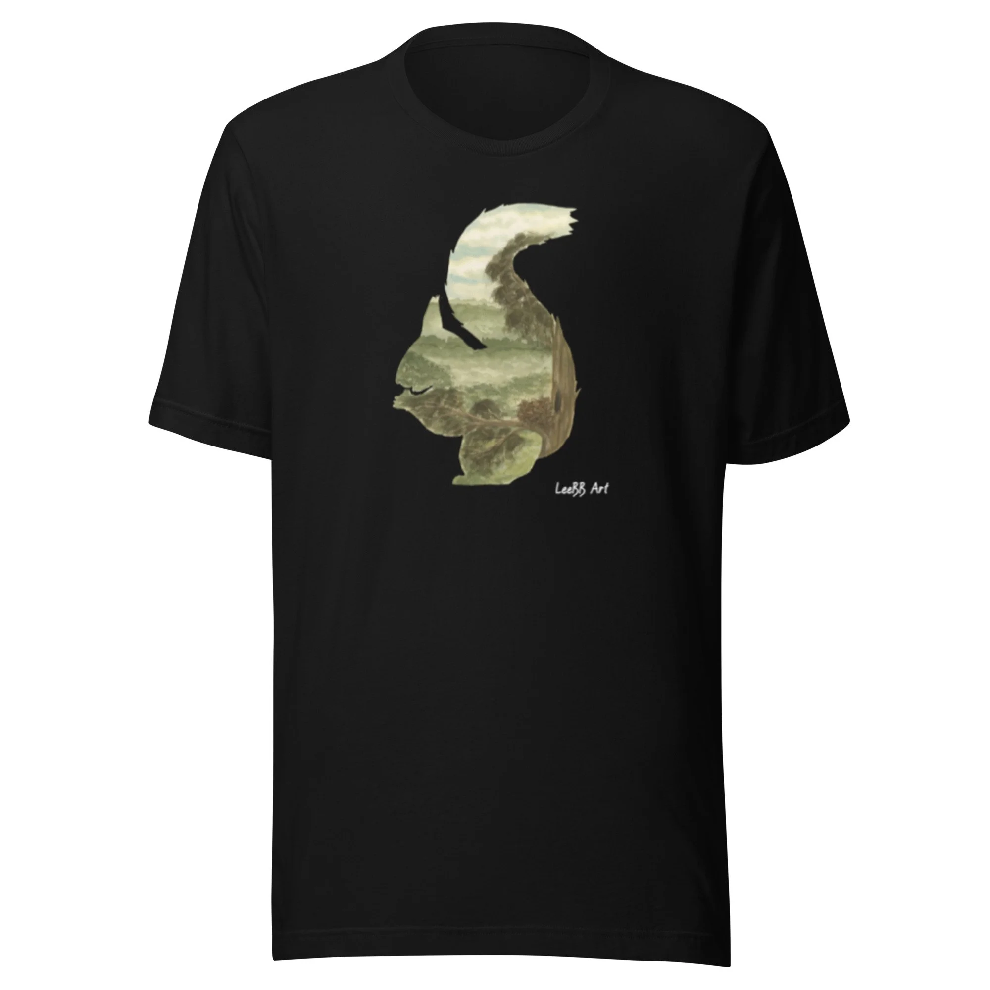 Red Squirrel British wildlife unisex T-shirt by LeeBB Art in Black.