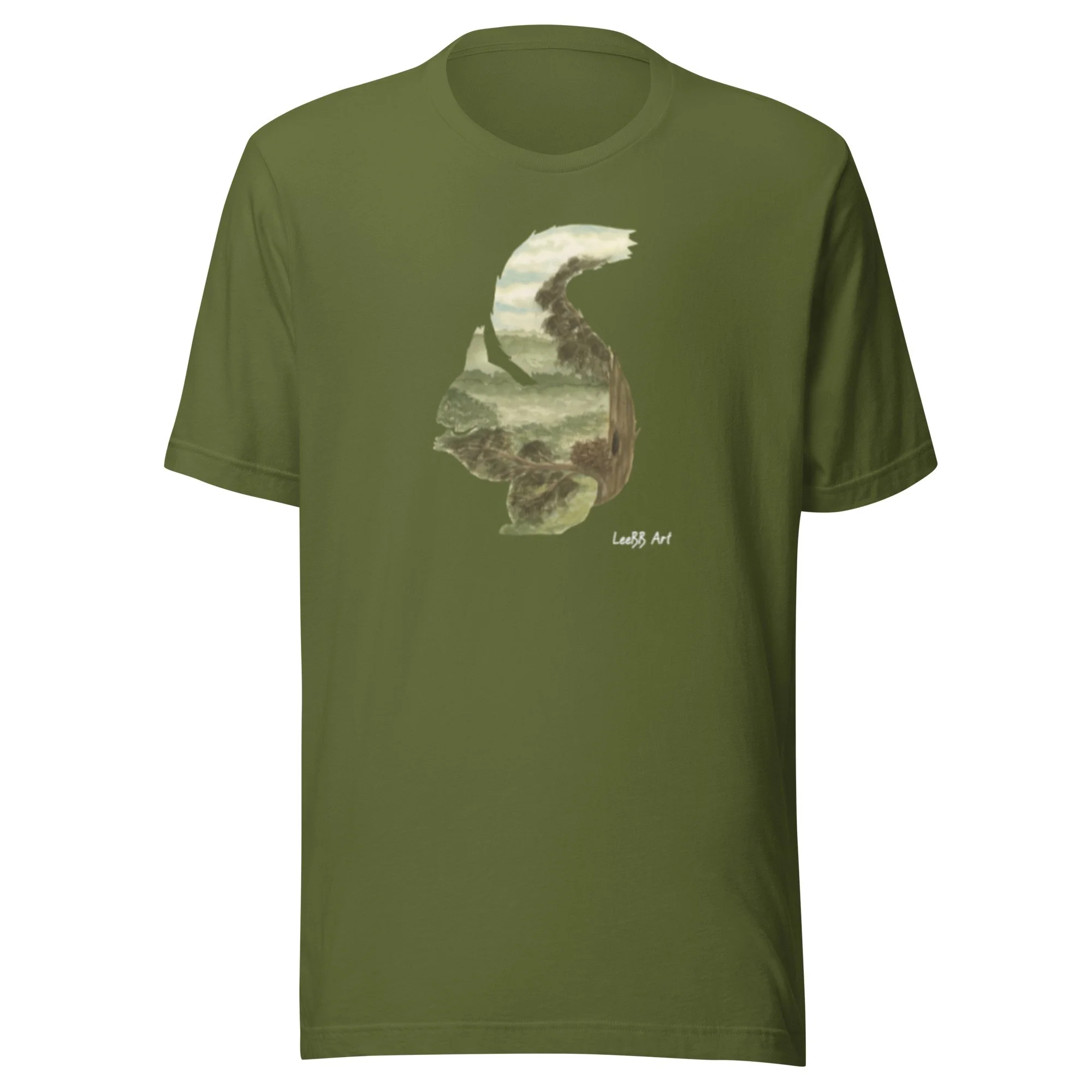 Red Squirrel British wildlife unisex T-shirt by LeeBB Art in Olive.