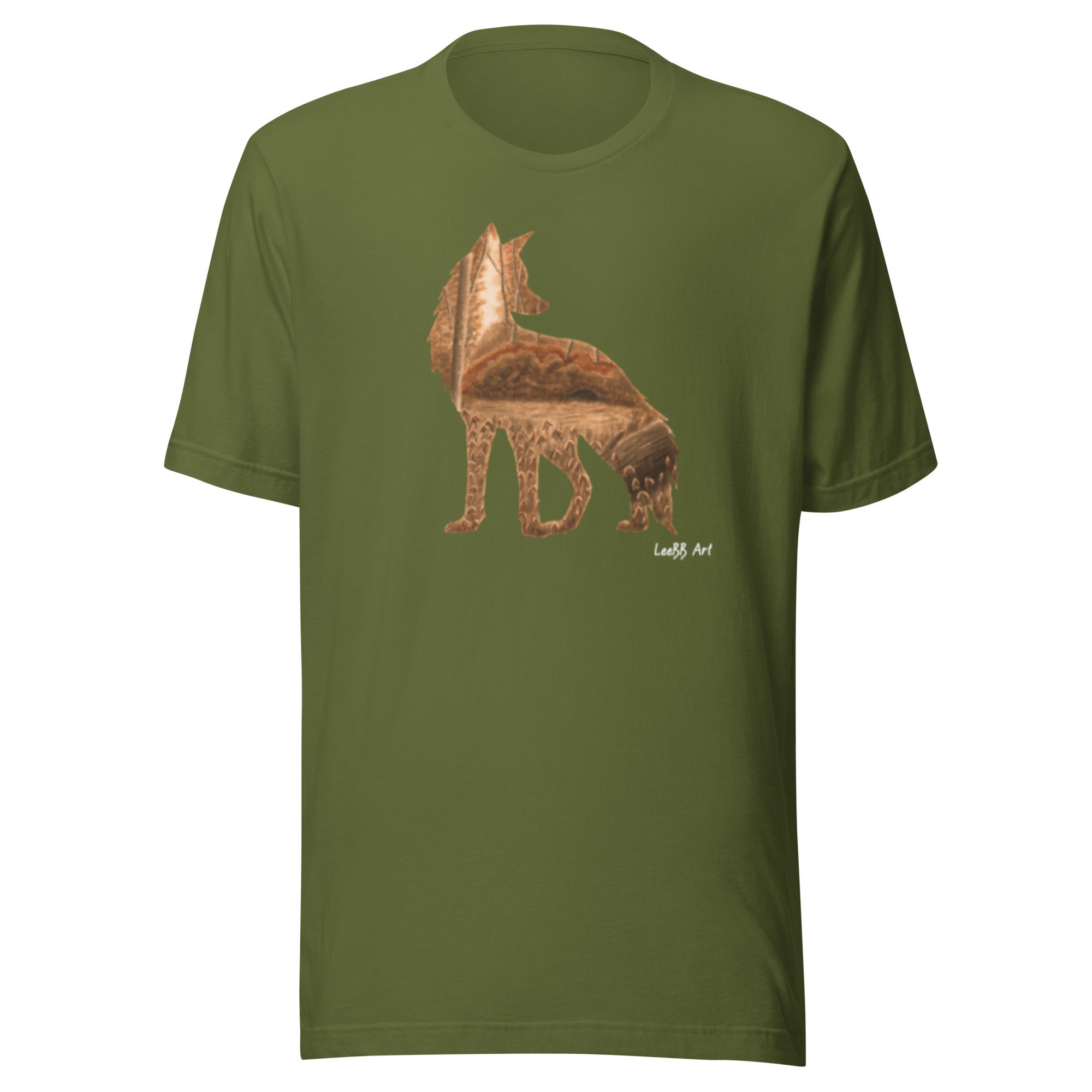 Fox British wildlife unisex T-shirt by LeeBB Art in Olive.
