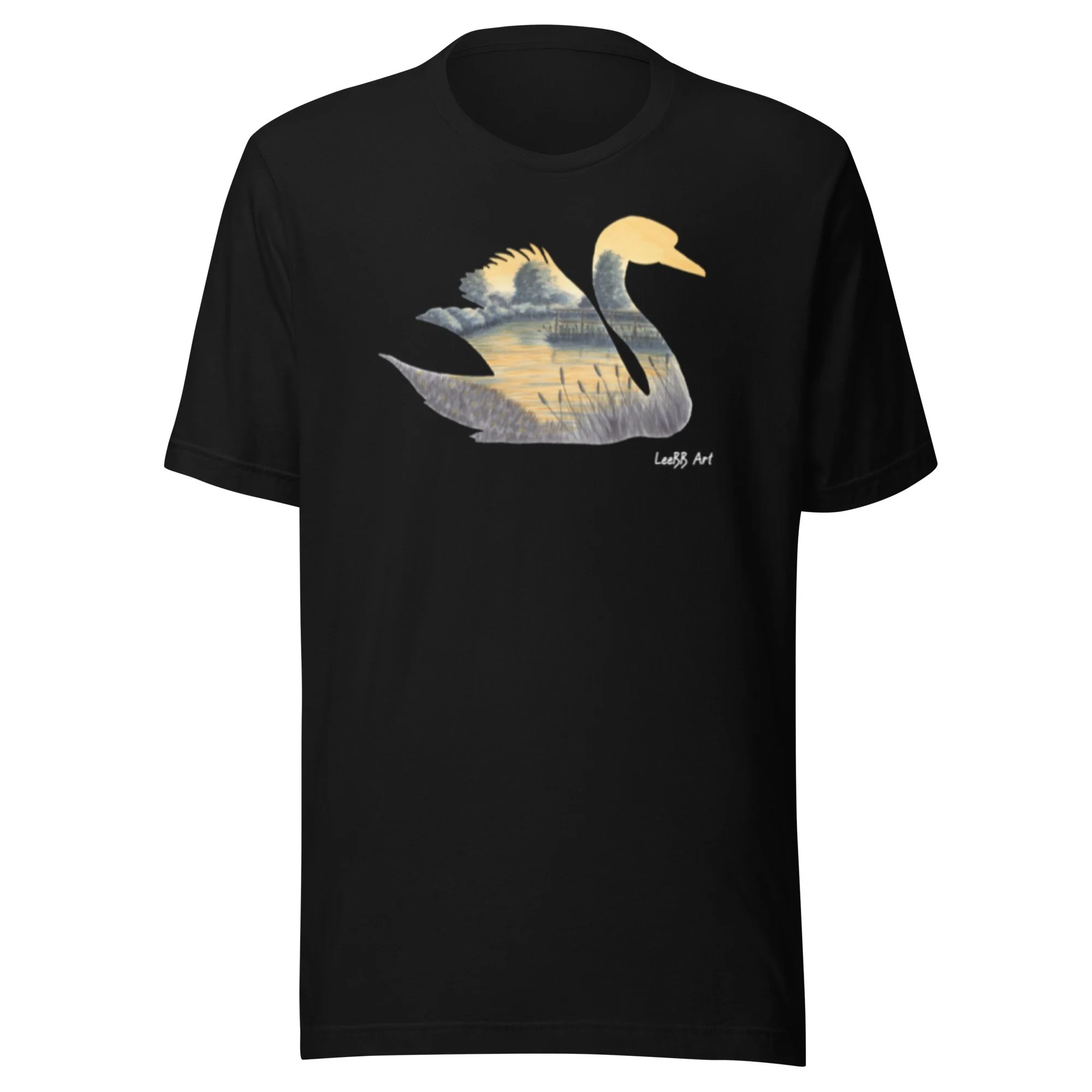 Swan British wildlife unisex T-shirt by LeeBB Art in Black.