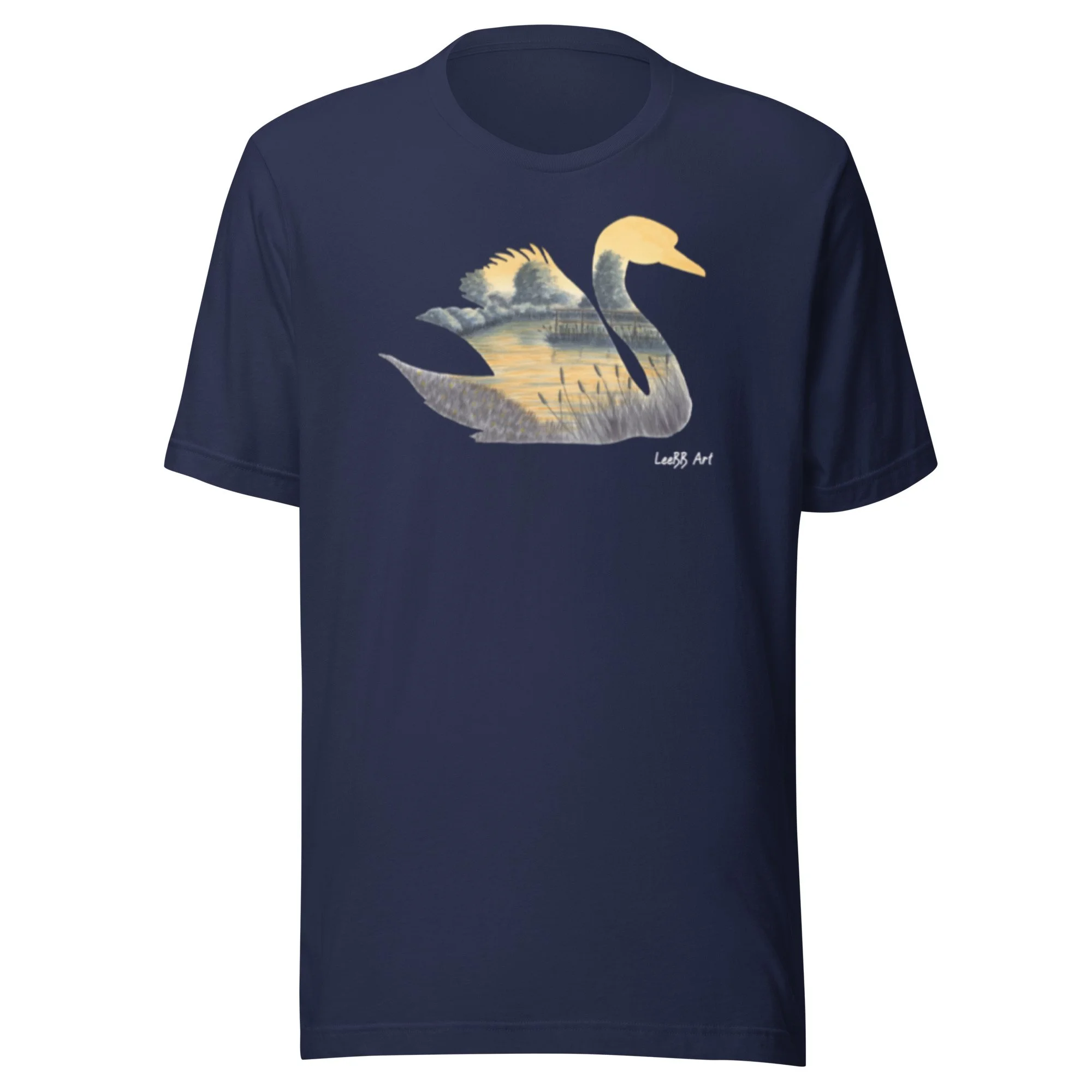 Swan British wildlife unisex T-shirt by LeeBB Art in Navy.