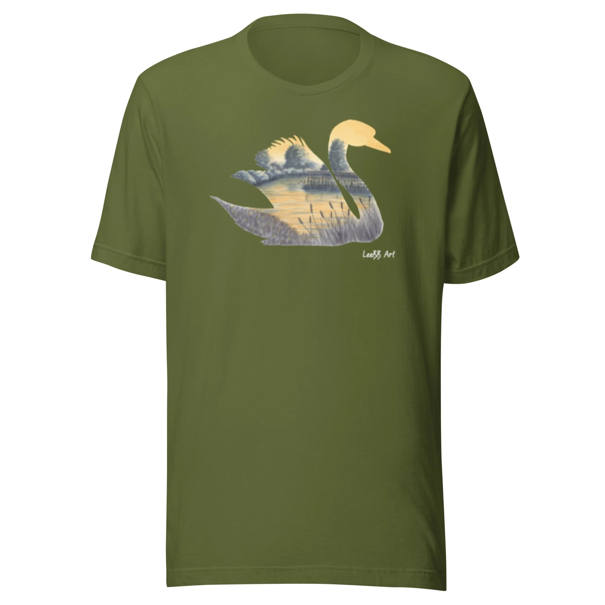 Swan British wildlife unisex T-shirt by LeeBB Art in Olive.