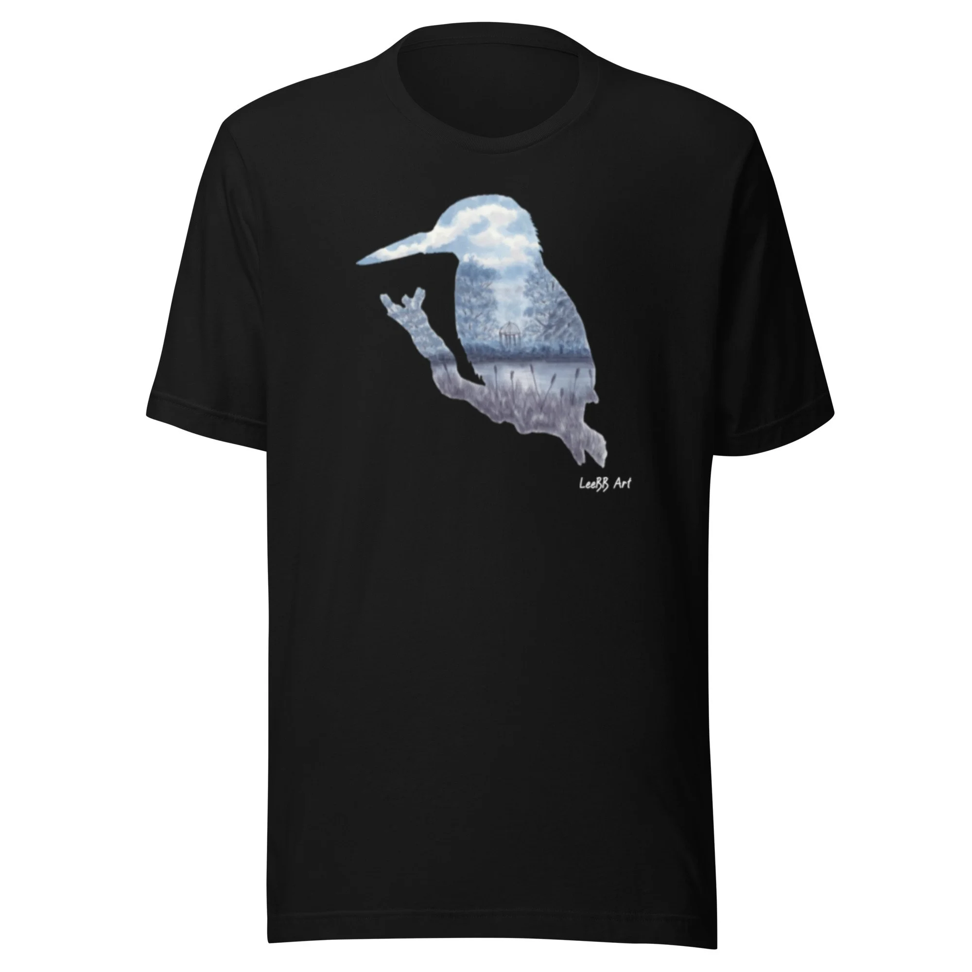 Kingfisher British wildlife unisex T-shirt by LeeBB Art in Black.