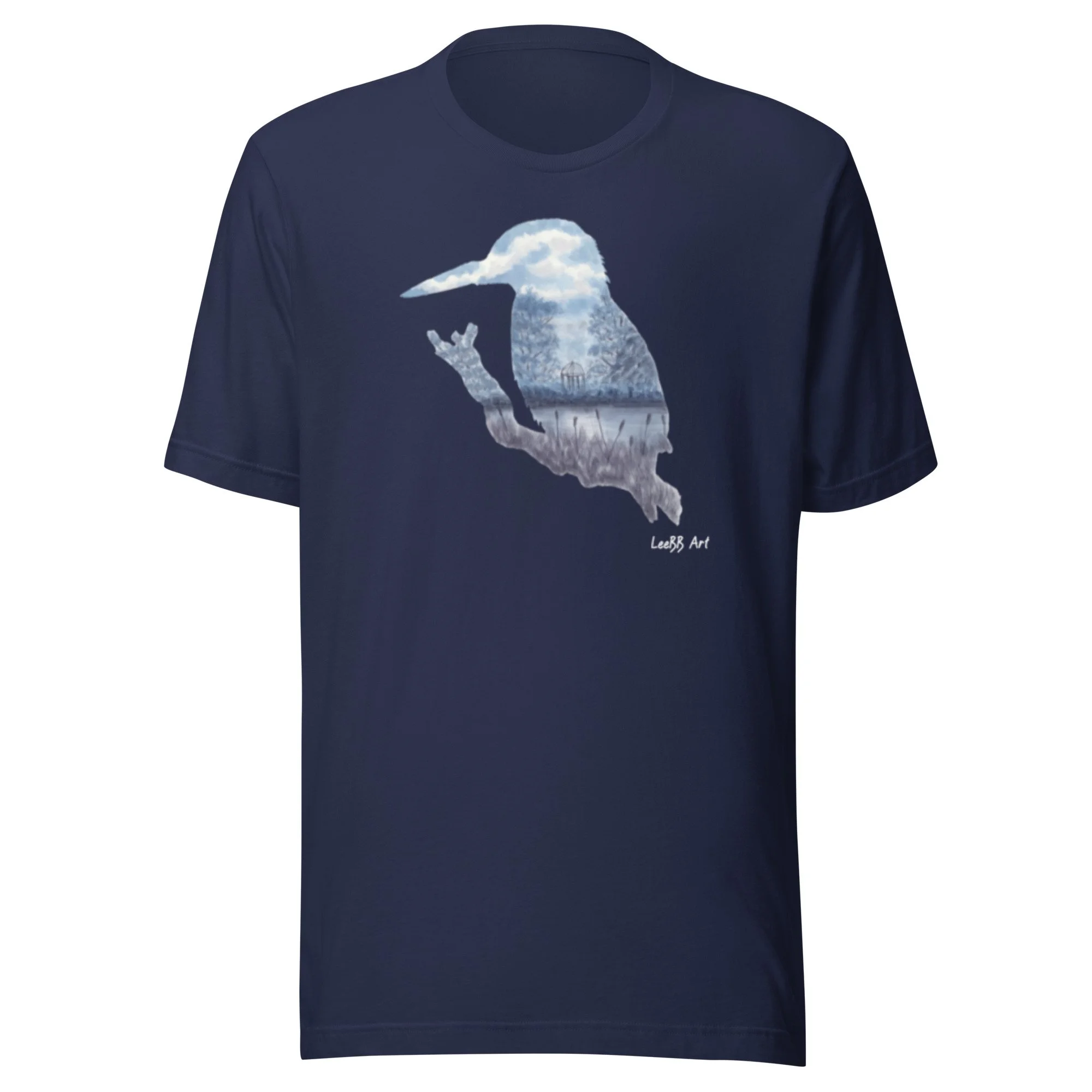 Kingfisher British wildlife unisex T-shirt by LeeBB Art in Navy.