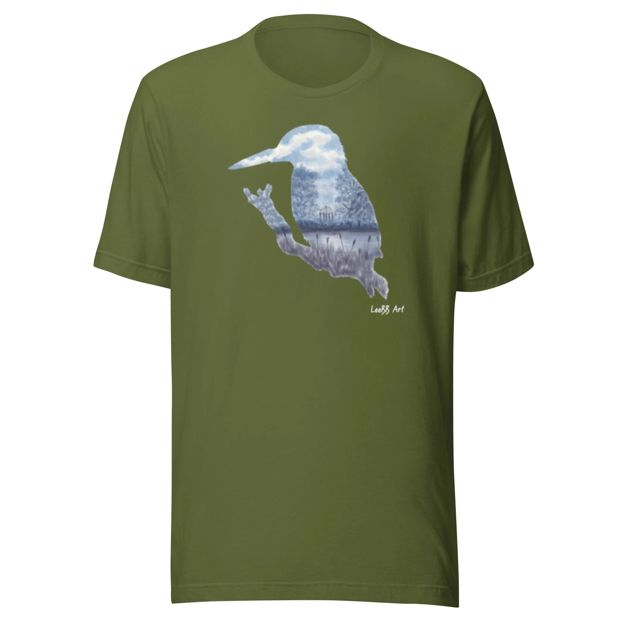 Kingfisher British wildlife unisex T-shirt by LeeBB Art in Olive.