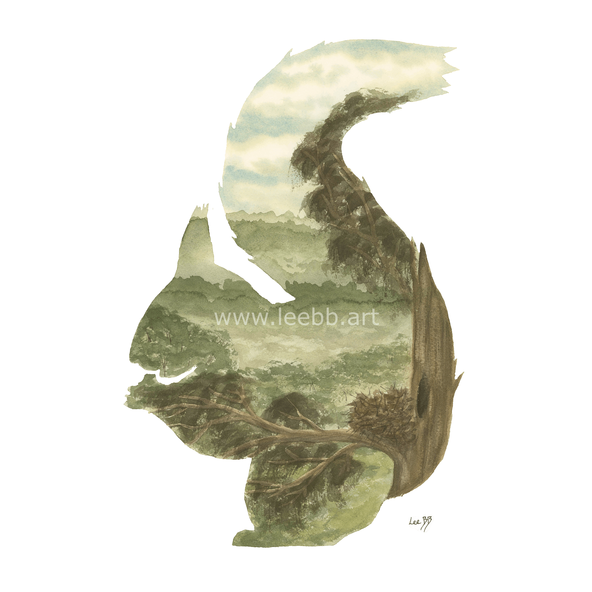 Red Squirrel British Wildlife watercolour art print by LeeBB Art – squirrel silhouette containing a drey perched in the woodland canopy overlooking distant forest, printed on archival matt paper.
