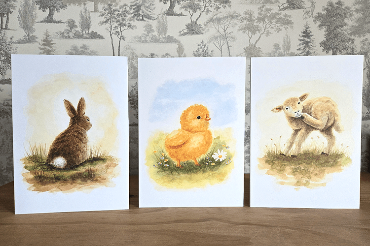 Set of three watercolor painting greeting cards of cute baby animals on white paper: a brown bunny, a fluffy yellow chick, and a light brown lamb.