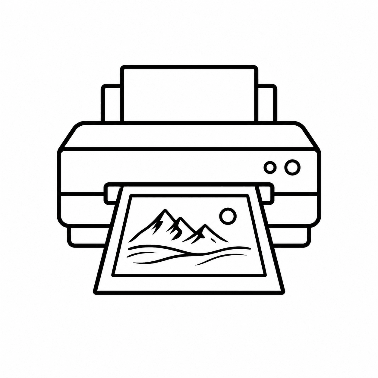 Outline of a printer with a photograph of mountains and a sun coming out of the printer.