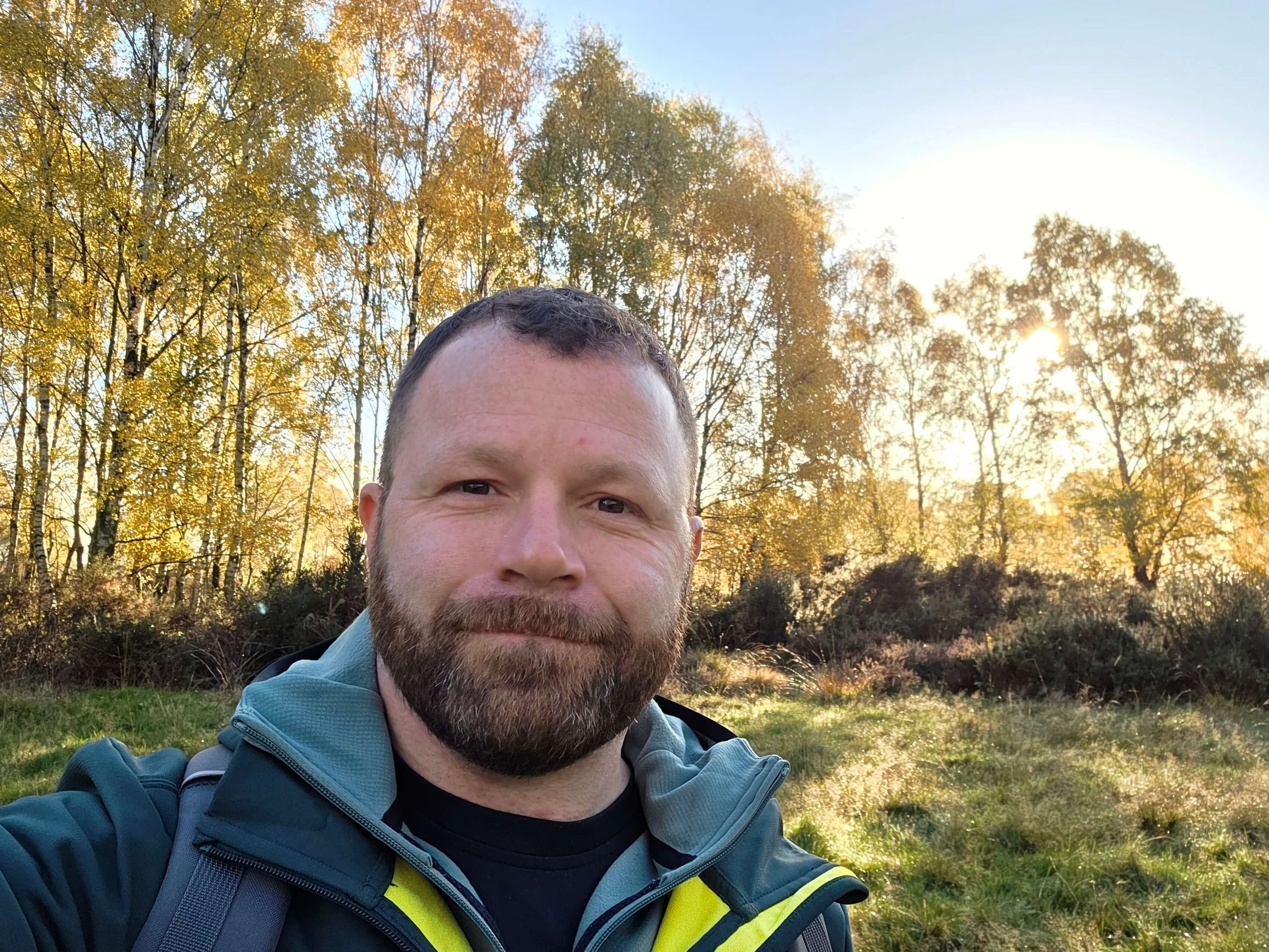 LeeBB Art artist enjoying an autumn hike amongst golden trees on Cannock Chase
