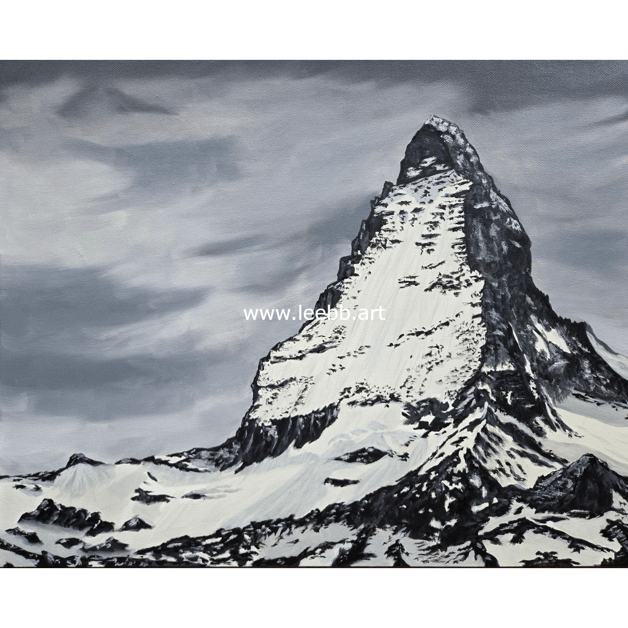 Oil painting print of the Matterhorn by LeeBB Art, showing the mountain rising above clouds in soft alpine light.