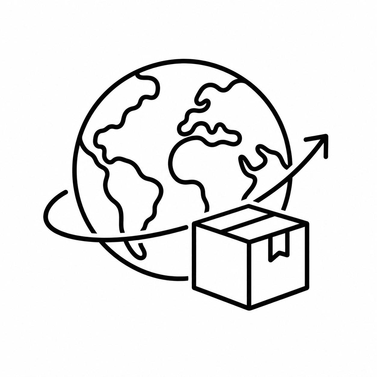 A line drawing of the Earth with a box and an upward arrow, symbolizing global shipping or shipping worldwide.