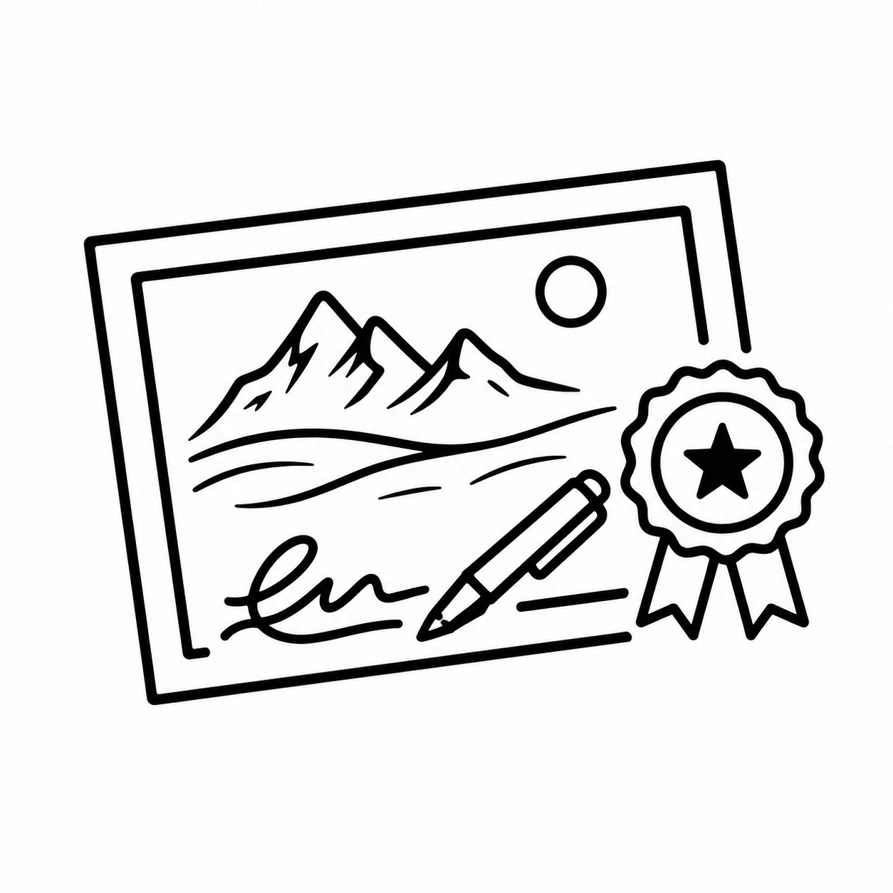Line drawing of a certificate with mountains, a sun, a pen, an autograph, and a ribbon award with a star.