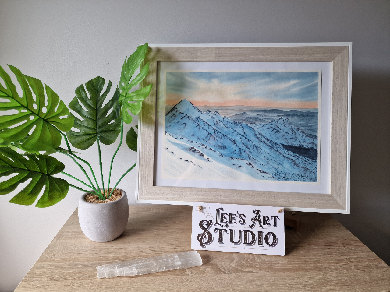 Watercolour painting of the view from Mount Daisen’s summit at sunset by LeeBB Art.