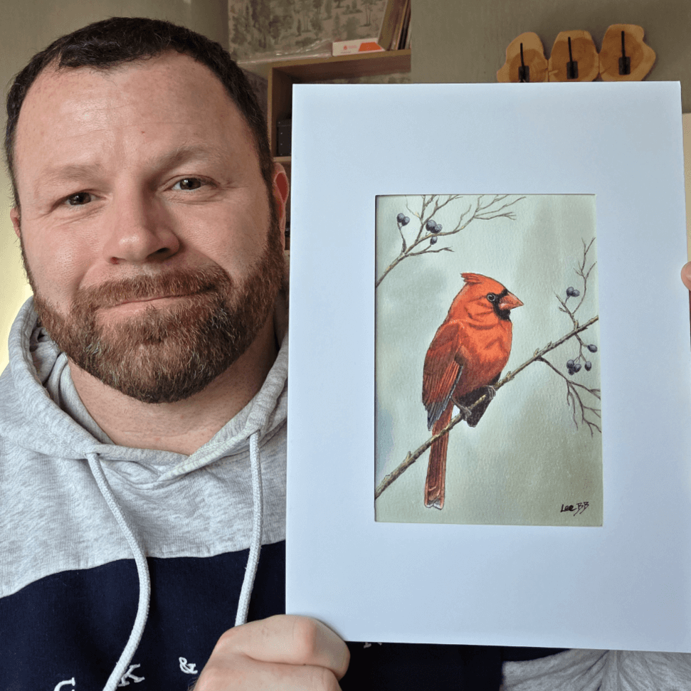 LeeBB Art with Red Cardinal - Winter Foraging Painting