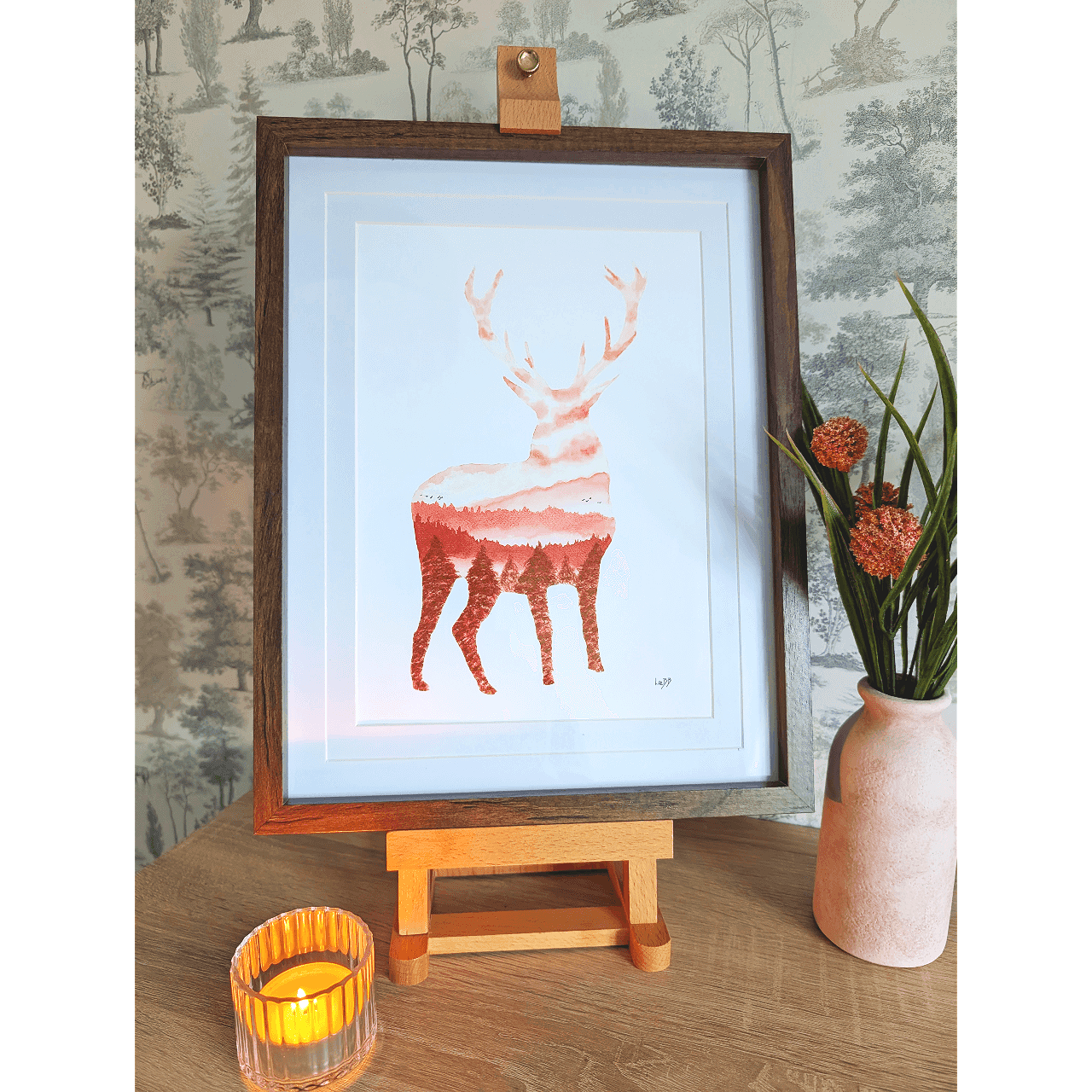 Wilderness Stag double-exposure wildlife artwork in warm red tones by LeeBB Art