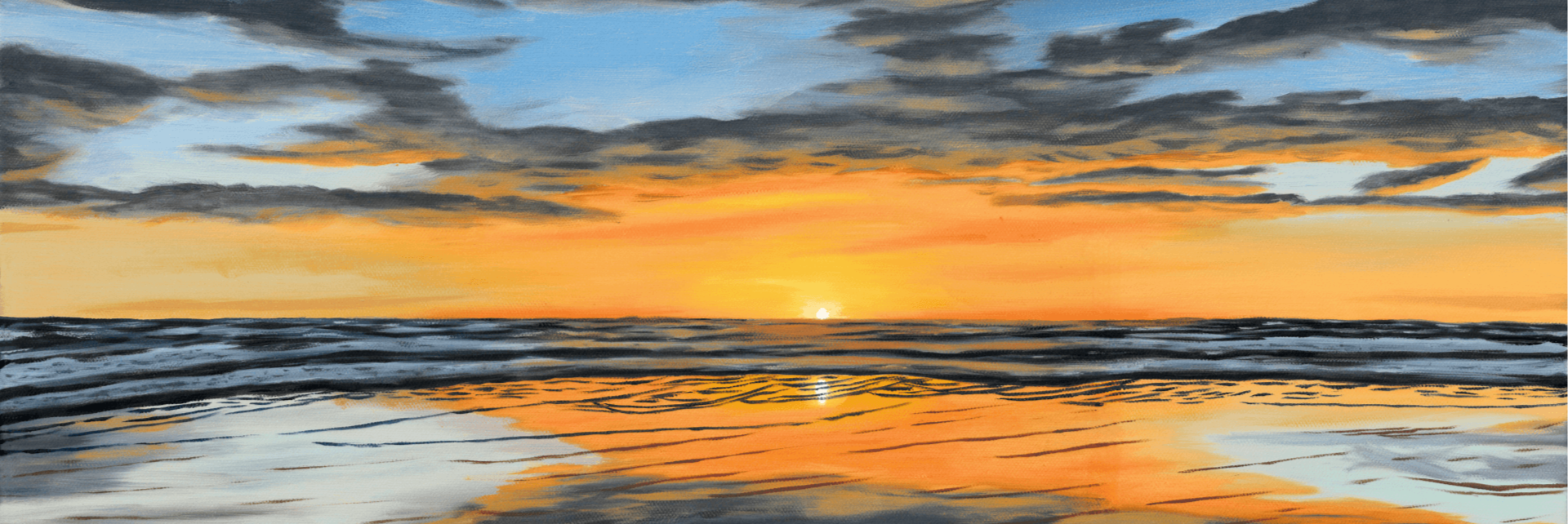 Painting of a sunset over the ocean with clouds and reflections on the water.