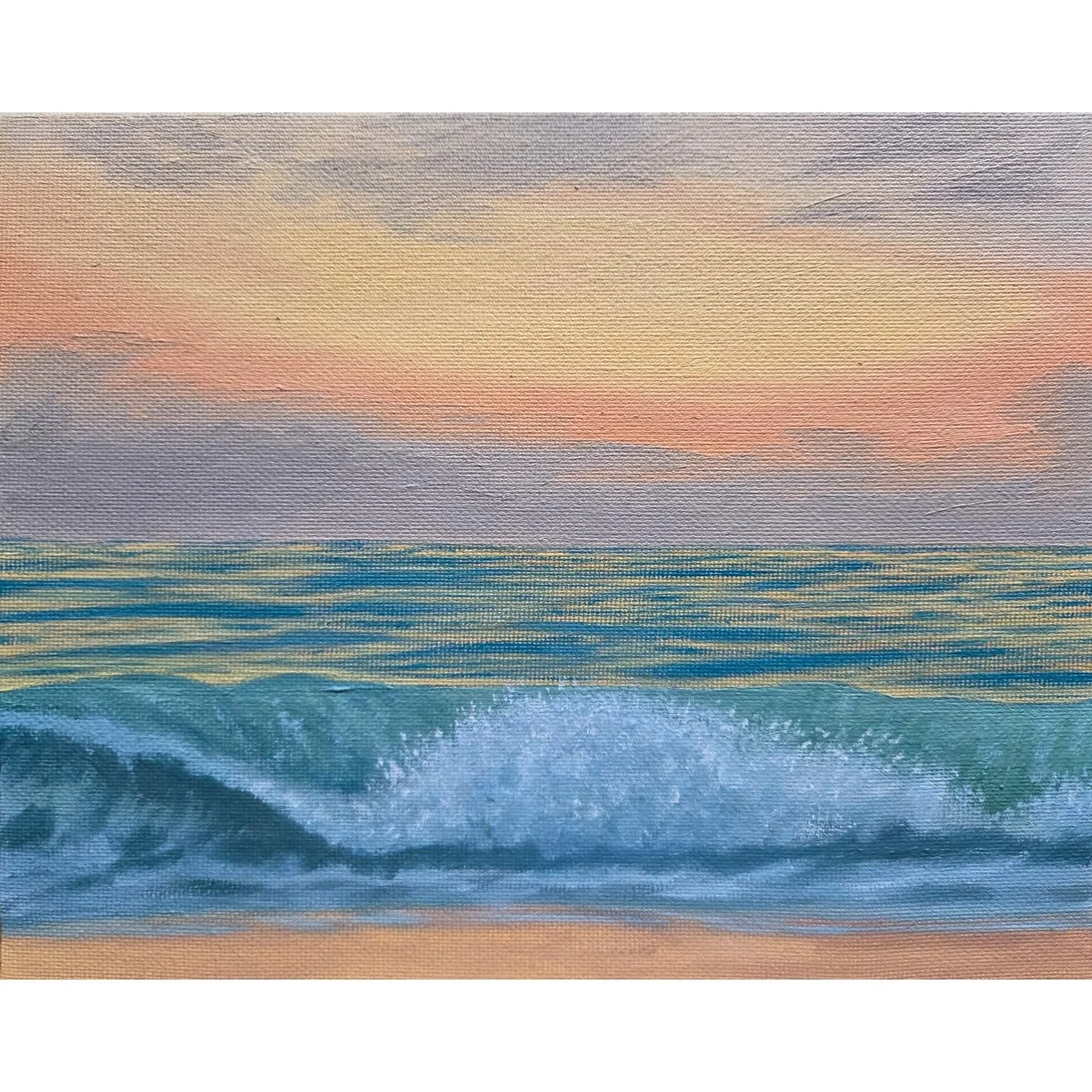 Original oil seascape painting Soft Break at Dusk by LeeBB Art, showing gentle evening waves and calm coastal light.