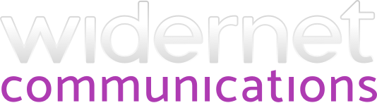 Logo of WiderNet Communications with the text 'widernet' in white and 'communications' in purple.