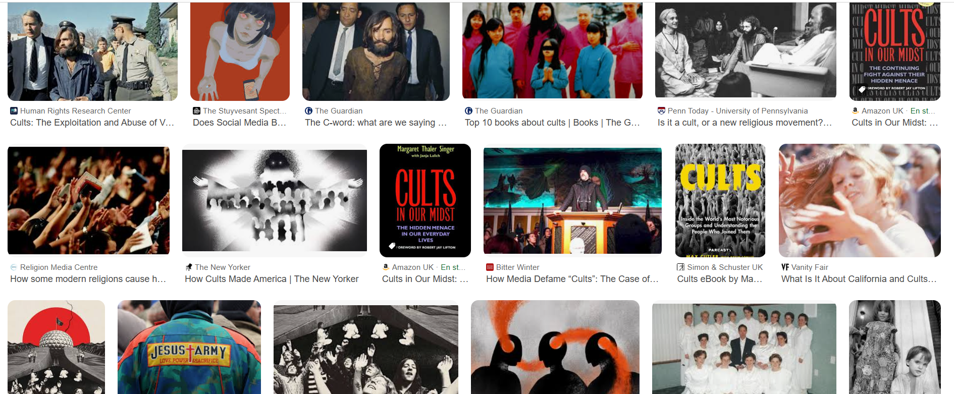 Collection of images related to cults, religion, social movements, and protests. Includes photos of demonstrations, book covers discussing cults and religion, and historical images of gatherings and meetings.