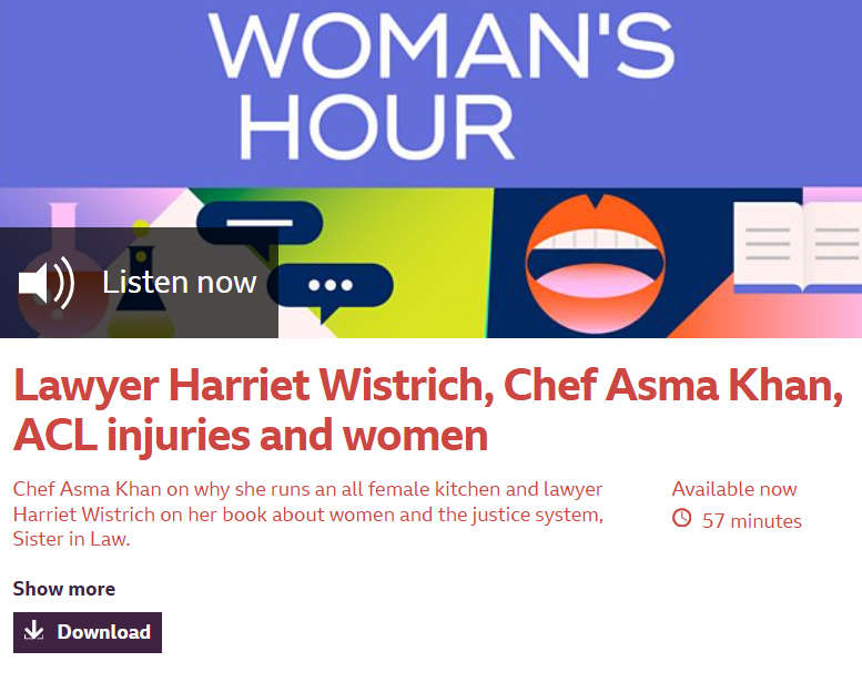 A promotional image for a woman's hour featuring lawyer Harriet Wistrich and chef Asma Khan discussing ACL injuries and women, with colorful icons including a speech bubble and a mouth.