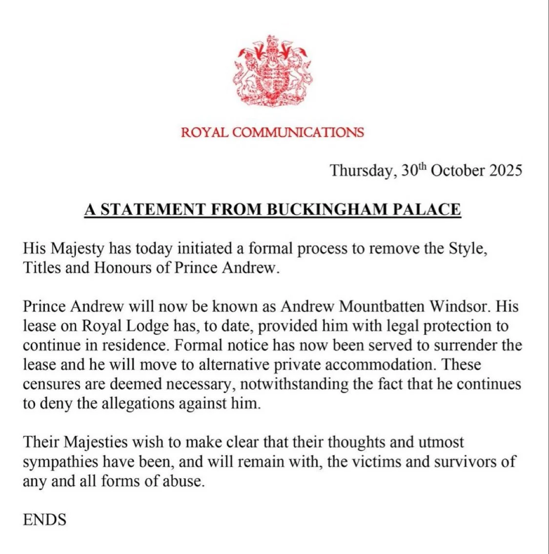 Palace Communication regarding Prince Andrew losing his title