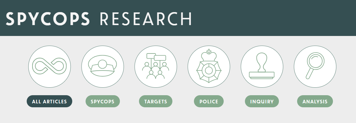 Graphic design for SpyCop Research website featuring icons for all articles, Spycops, targets, police, inquiry, and analysis sections.