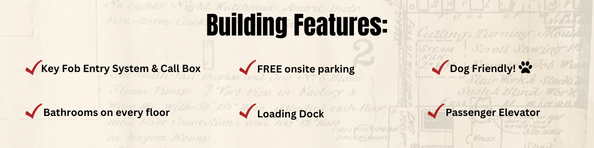 Northwind Lofts building features in Northeast Minneapolis: free onsite parking, key fob entry system with call box, passenger elevator, loading dock, bathrooms on every floor, and dog-friendly policies.