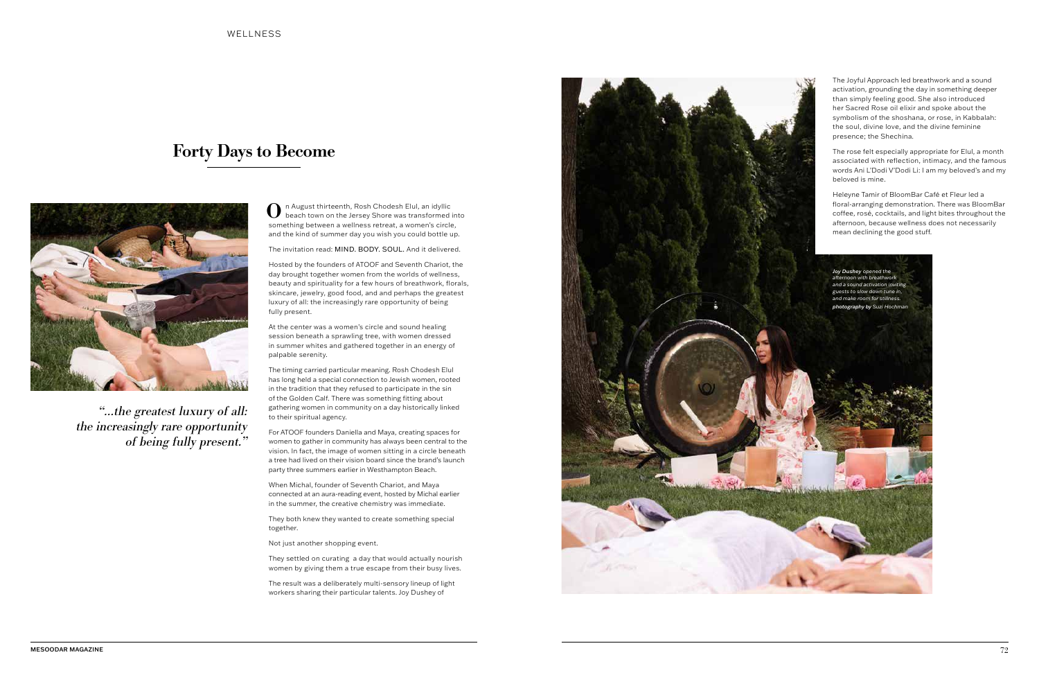 MESOODAR Magazine feature Forty Days to Become, showing Joy Dushey leading an outdoor sound experience. Photography by Suzi Hochman.