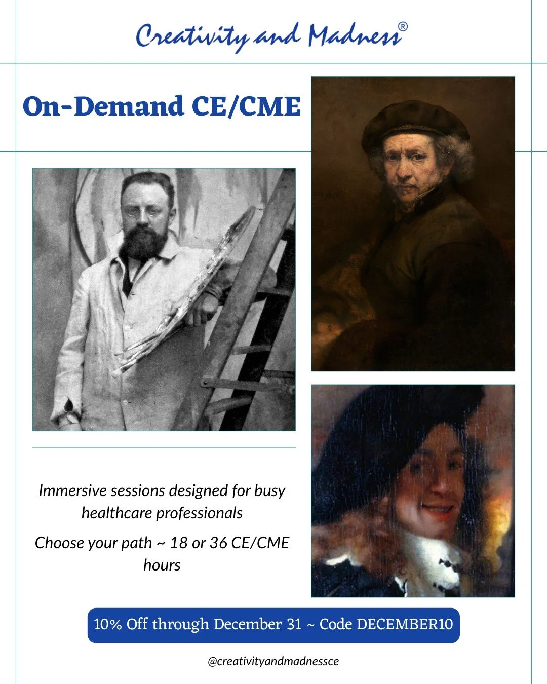 Creativity and Madness&reg; On Demand offers immersive sessions for healthcare professionals who need CE/CME and who want meaningful engaging content. 

Learn from world-renowned presenters. Meet requirements, improve clinical practice, expand your t