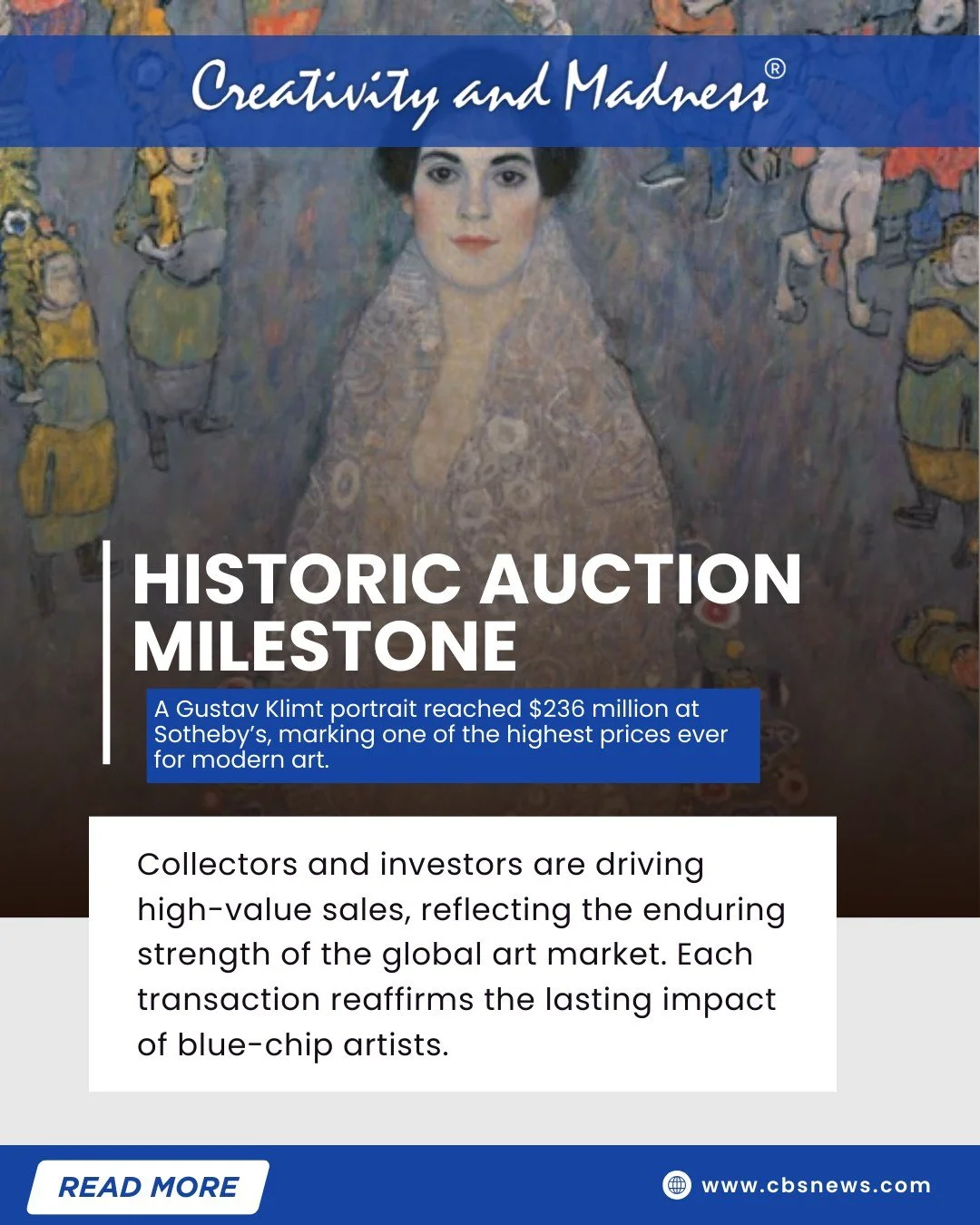 A Gustav Klimt portrait sold at auction for $236 million. This sale highlights the enduring impact of blue-chip artists and the passion of collectors worldwide.

Each high-value sale represents history, prestige, and the ways art shapes culture.

Sou