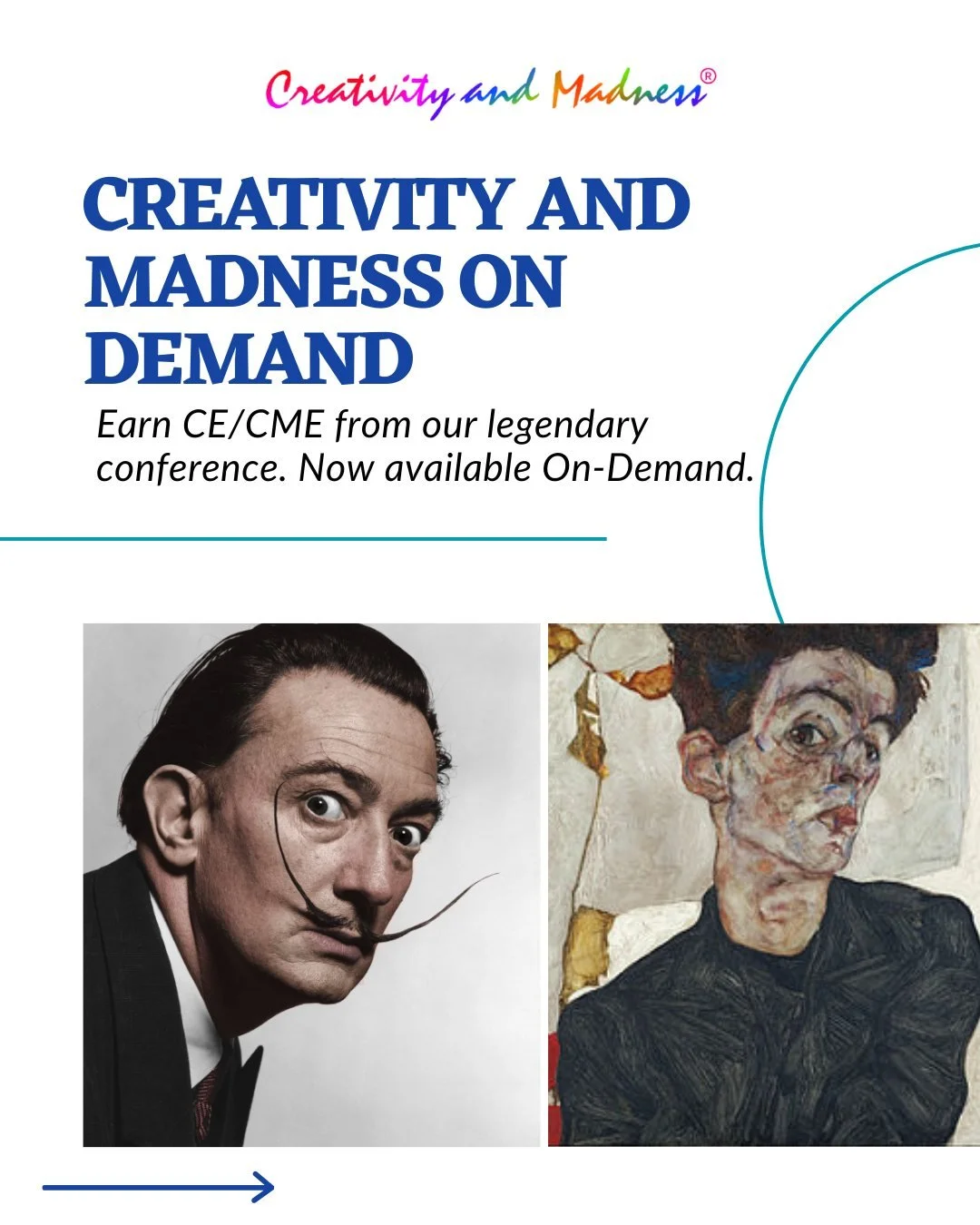 The Creativity and Madness&reg; conference is FINALLY available online 🎓

Choose between two 18-hour CE/CME programs or bundle both for 36 hours of CE/CME. Enjoy presentations that integrate psychology theory,  creative performance, and the arts. 🧠
