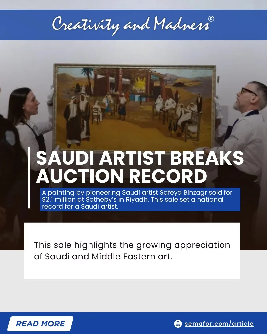 A painting by Safeya Binzagr, a Saudi artist, sold for $2.1 million at Sotheby&rsquo;s in Riyadh. 

This historic sale highlights artists beyond Western markets.

Source: Semafor

#CreativityAndMadness #ArtNews #ArtAuctions #MiddleEasternArt #SafeyaB