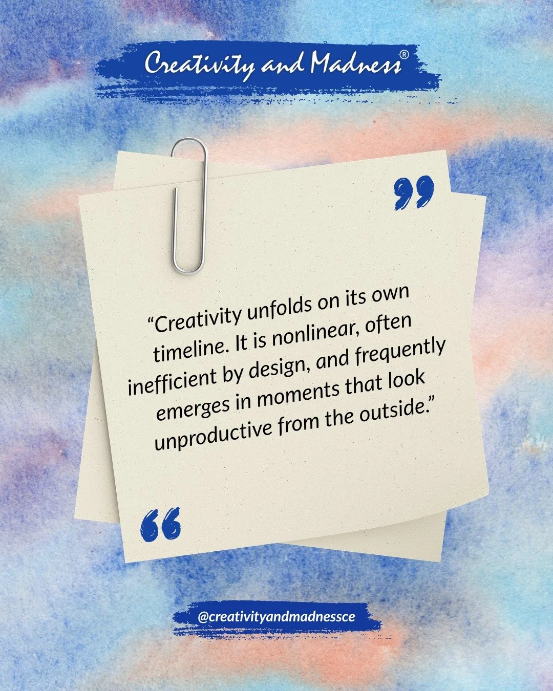 The creative process unfolds on its own timeline. It is nonlinear, often inefficient by design, and frequently emerges in moments that look unproductive from the outside.

#creativity #therapy #creativityinpractice #selfcare #mentalhealthmatters  #me