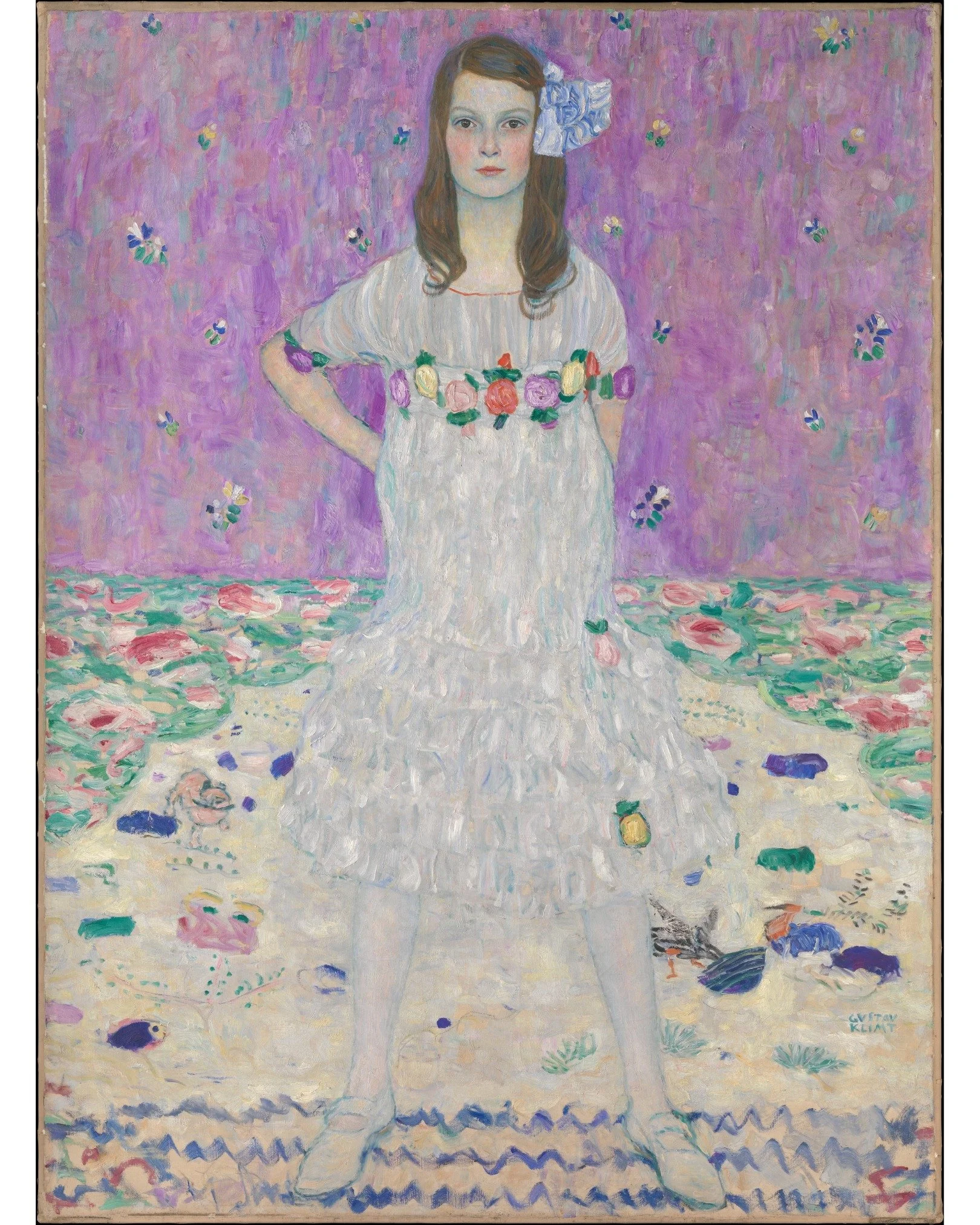 In this 1912&ndash;13 portrait, Gustav Klimt depicts M&auml;da Primavesi at nine years old. She poses with remarkable confidence for such a young person.

The vibrant patterns, floral elements, and poised expression reflect both childhood delicacy an