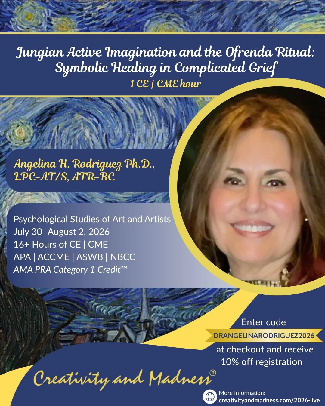 Jungian Active Imagination and the Ofrenda Ritual: Symbolic Healing in Complicated Grief
Dr. Angelina H. Rodriguez, PhD, LPC-AT/S, ATR-BC | 1 CE/CME Hour

Explores the therapeutic power of the ofrenda ritual through the lens of Jungian psychology, ac