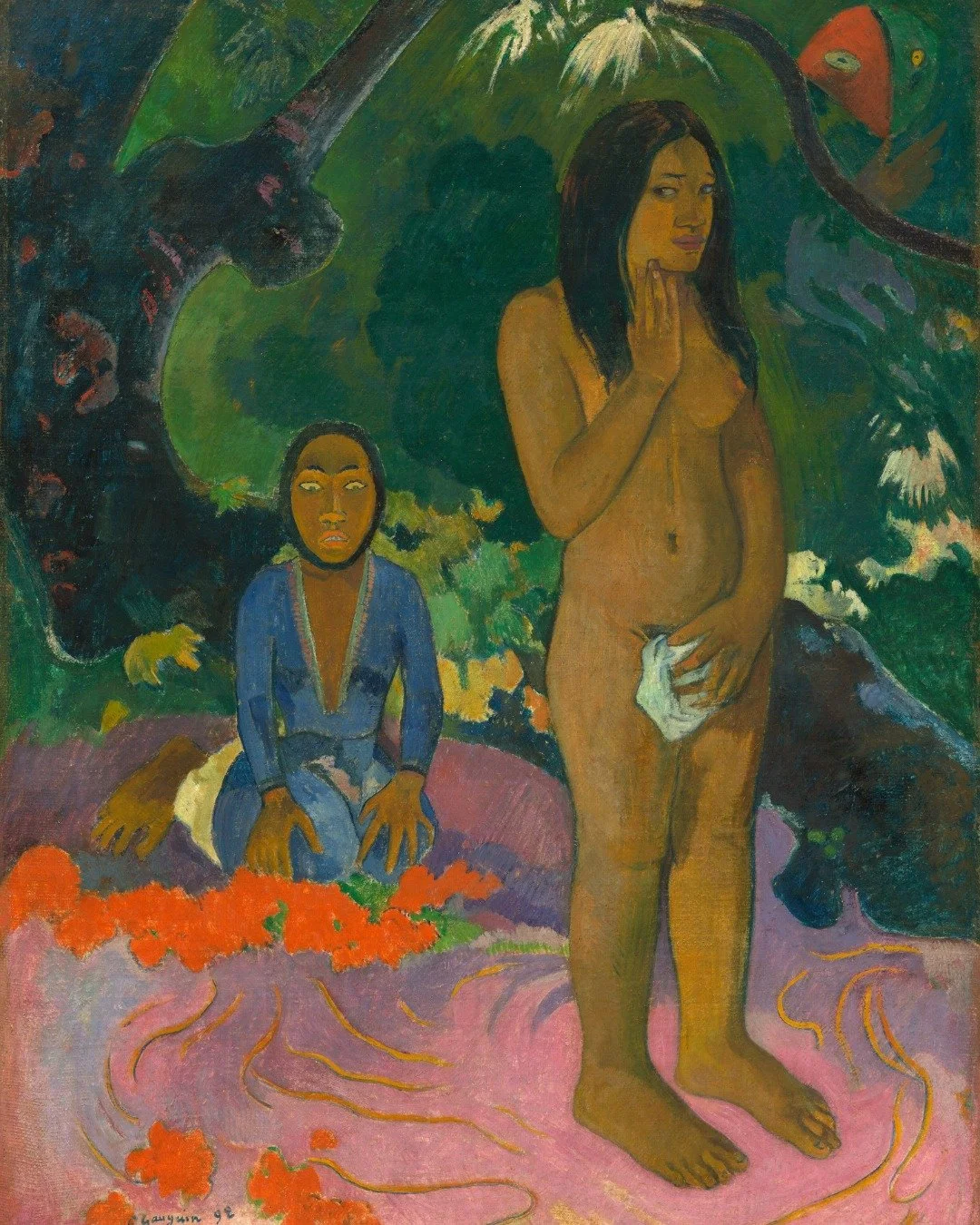 In Parau na te Varua ino (Words of the Devil) (1892), Paul Gauguin combines Tahitian mythology with European artistic traditions to create a work filled with symbolism and mystery.

The standing figure evokes themes of innocence and transformation, w