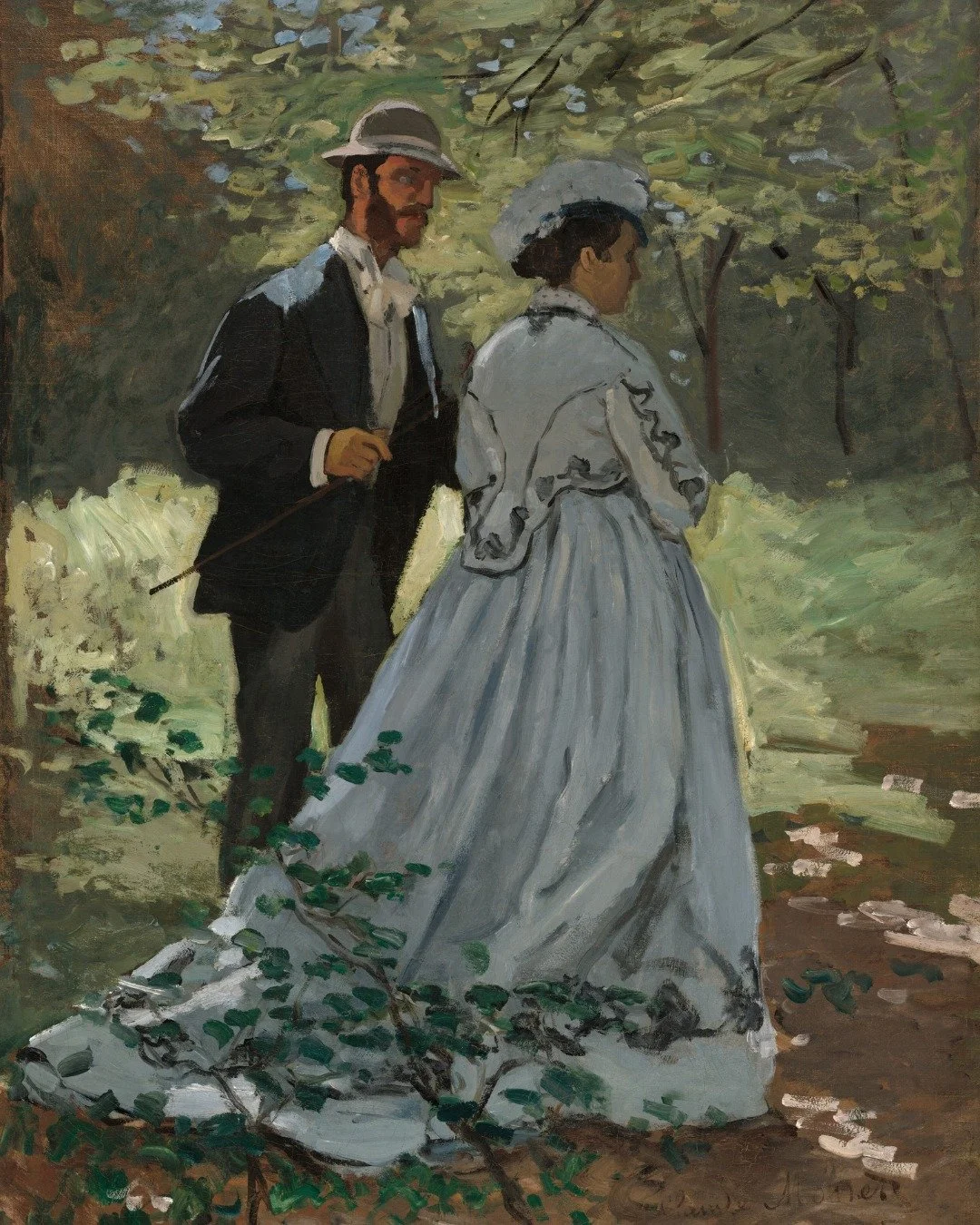 In this 1865 study, Claude Monet depicts his future wife, Camille Doncieux, alongside his friend and fellow painter, Fr&eacute;d&eacute;ric Bazille, in a sunlit outdoor scene that would later become part of his ambitious painting D&eacute;jeuner sur 