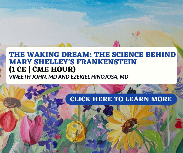 An announcement for a lecture about Mary Shelley's Frankenstein, featuring a colorful floral background with purple, yellow, pink, and red flowers, and a blue button that says 'Click here to learn more.'