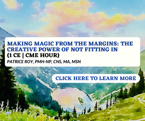 A promotional poster for a CME hour event titled "Making Magic from the Margins: The Creative Power of Not Fitting In" with a watercolor landscape background and a call-to-action button that says "Click here to learn more".