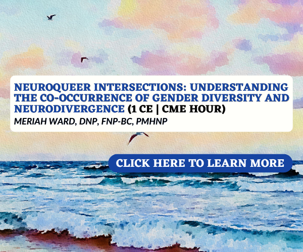 A watercolor painting of a seascape with waves, a cloudy sky with shades of pink, purple, and light blue, and three seagulls flying above the water. Overlaid is a promotional banner for a course titled "Neuroqueer Intersections: Understanding the Co-Occurrence of Gender Diversity and Neurodivergence" with a call-to-action button that says "Click here to learn more."