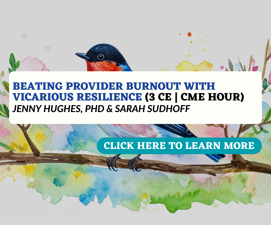 Watercolor illustration of a bird sitting on a branch, with colorful background and text overlay promoting a lecture on healthcare provider burnout.
