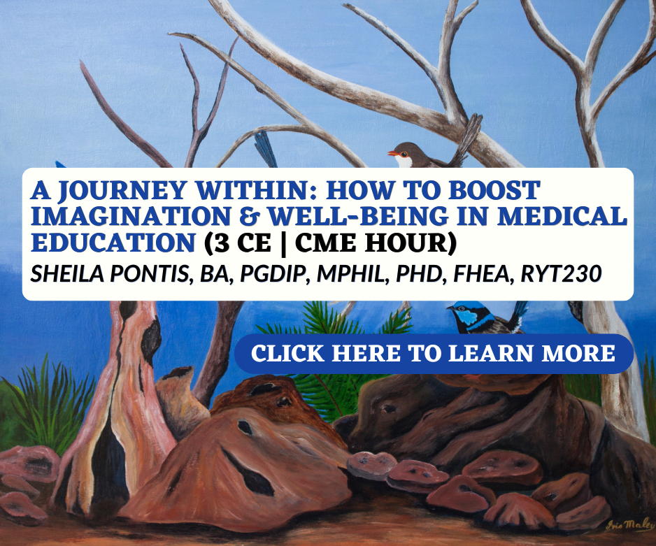 A colorful painting of a natural scene with trees, rocks, and birds, overlaid with text about a medical education conference.
