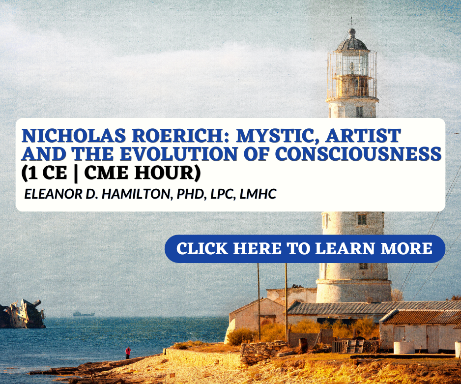 Promotional graphic featuring a lighthouse with a background of the sea and sky. Contains event details for a lecture by Nicholas Roerich about mysticism, art, and consciousness, hosted by Eleanor D. Hamilton, PhD. Includes a call-to-action button that says 'Click here to learn more.'