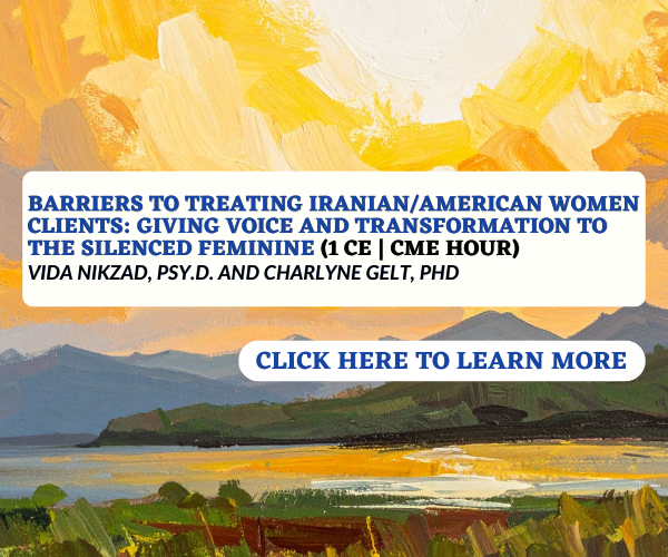 Promotional flyer with a landscape painting background and text about a workshop on treating Iranian/American women clients, focusing on giving voice and transformation to the silenced feminine, featuring Vida Nikkzad and Charlyne Gelt. Includes a call-to-action button to learn more.