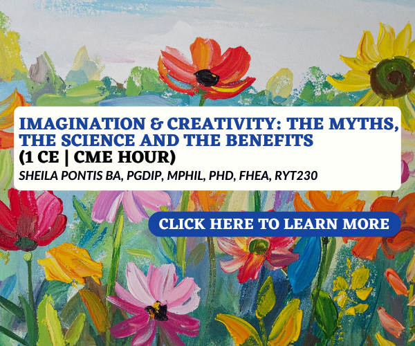 A colorful hand-painted floral background with a mixture of red, pink, orange, yellow, and purple flowers and green stems. Overlaid text promotes a course titled 'Imagination & Creativity: The Myths, The Science and The Benefits' led by Sheila Pontis.