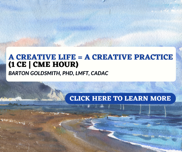 Promotional graphic for a creative practice lecture by Barton Goldsmith, PhD, featuring a beach scene with waves, sandy shore, and blue sky, with text about the event and a call to action button.